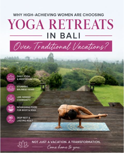 Woman practicing sunrise yoga overlooking rice fields at a Bali yoga retreat